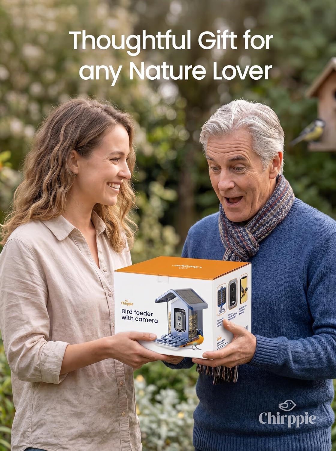 Blue Chirppie bird feeder gift box being given as a thoughtful gift