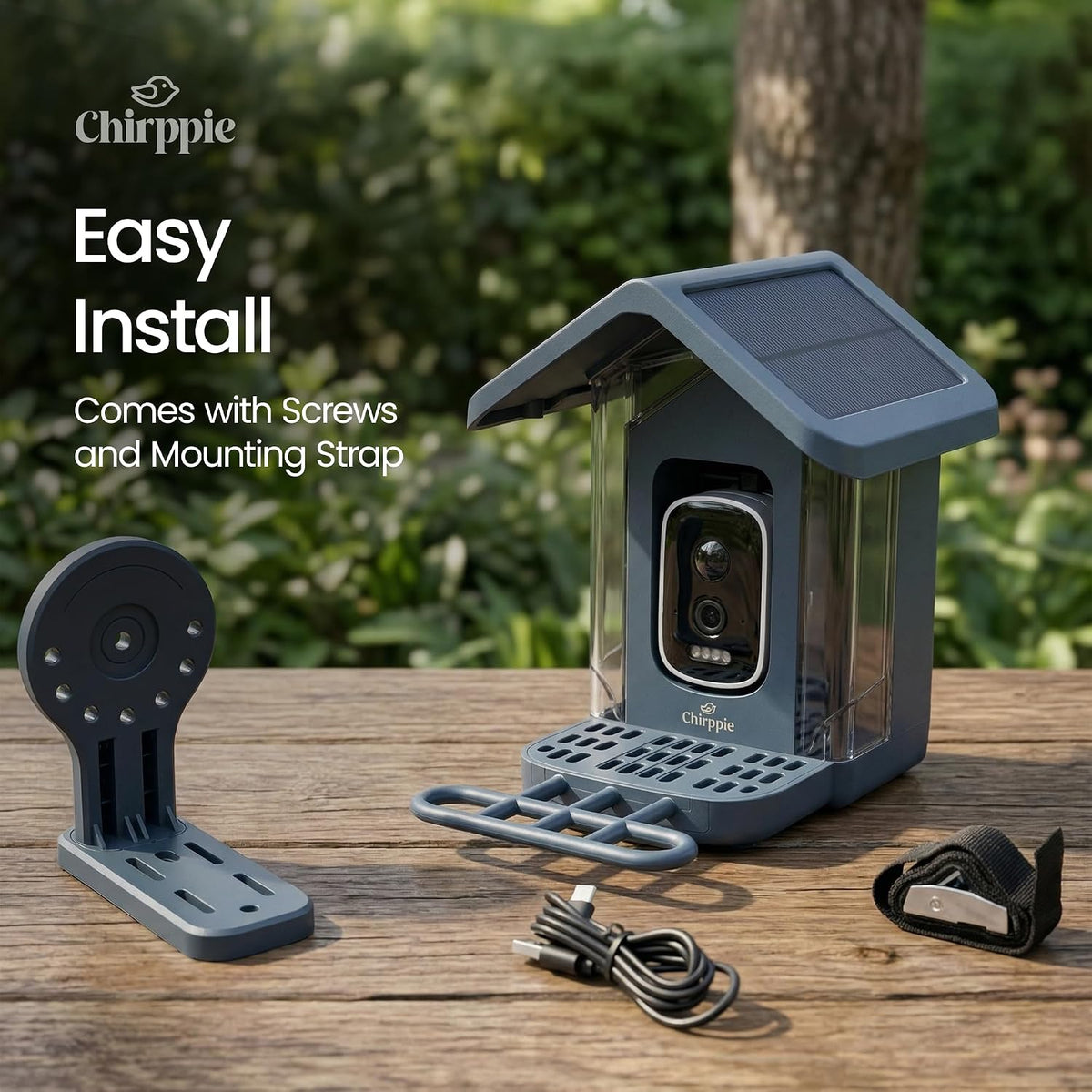 Blue Chirppie bird feeder easy mounting kit and accessories