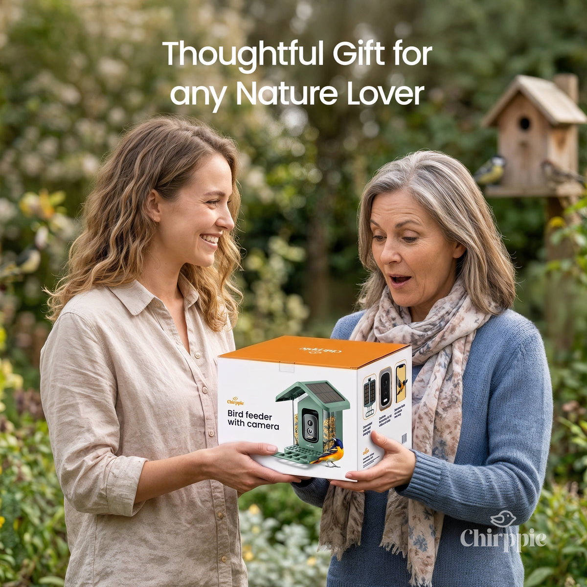Green Chirppie bird feeder gift box being given as a thoughtful gift