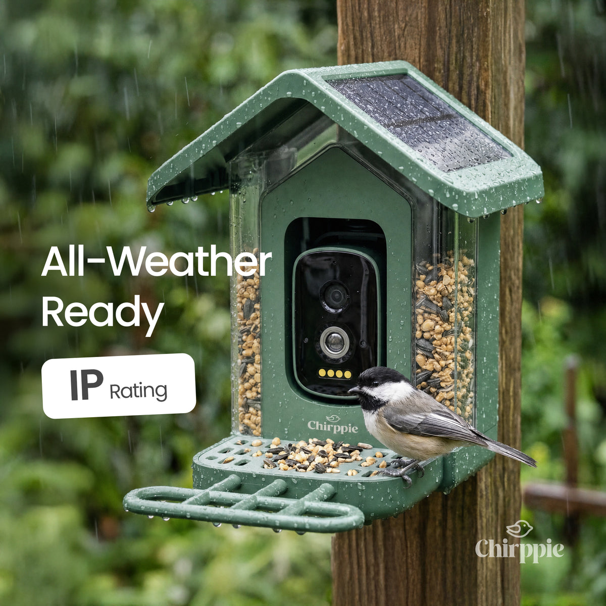 Green Chirppie bird feeder in the rain, all-weather IP rated