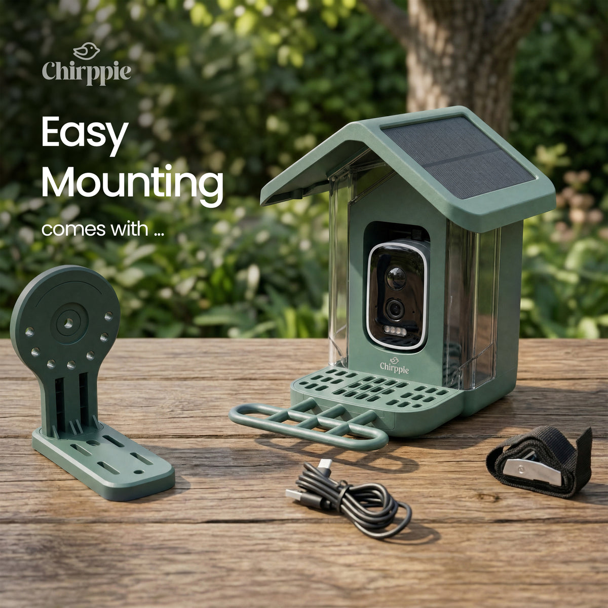 Green Chirppie bird feeder easy mounting kit and accessories