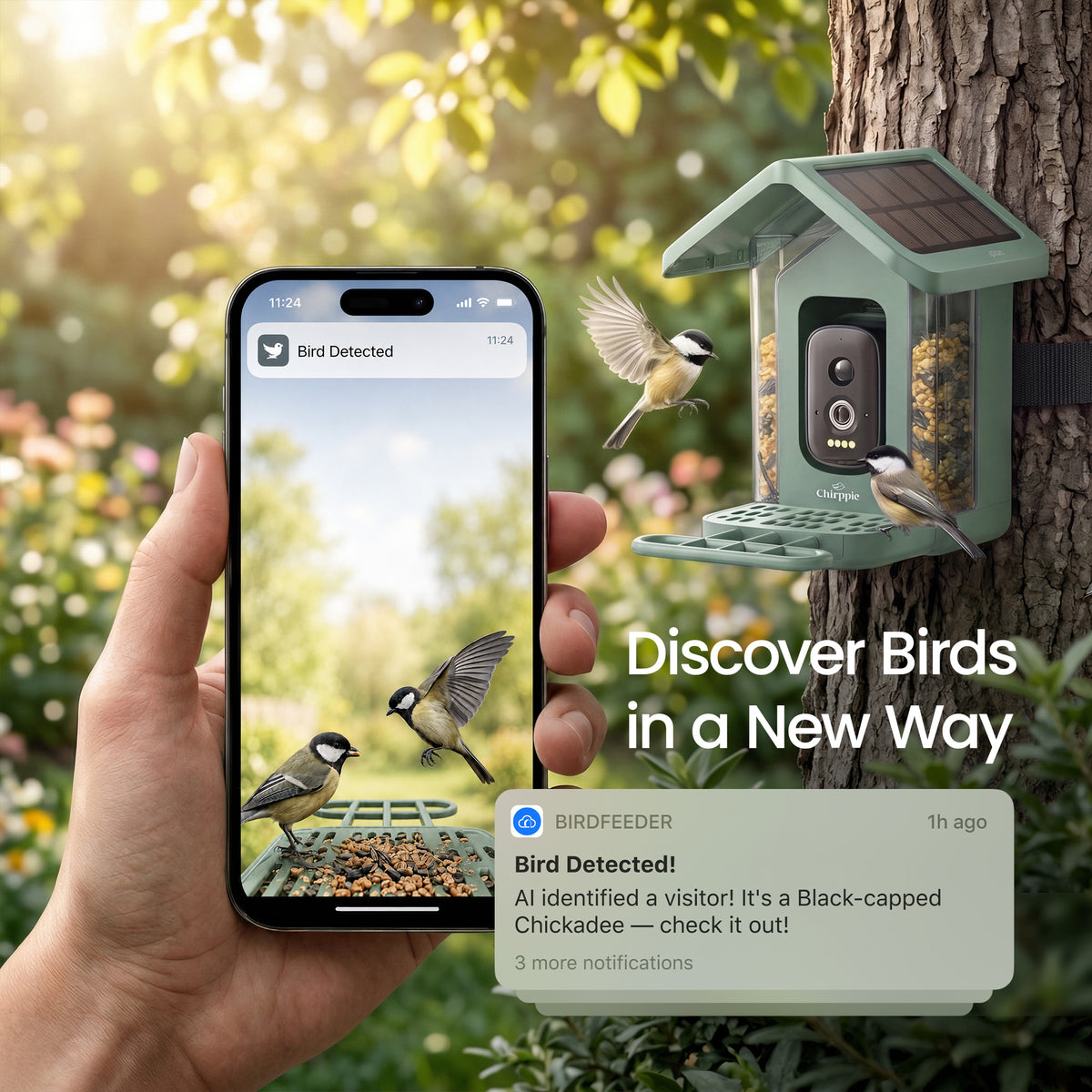Phone app showing bird detected notification next to green Chirppie feeder